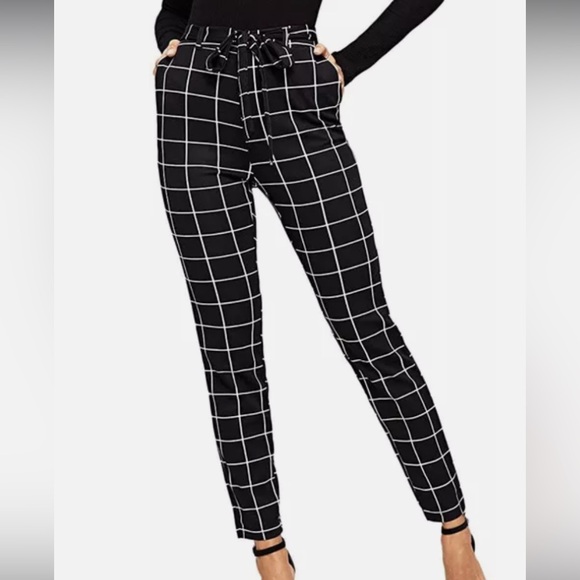 7th Avenue - Window Pane Paper Bag Pants - Tie Waste - XS Black and White plaid - Picture 2 of 6